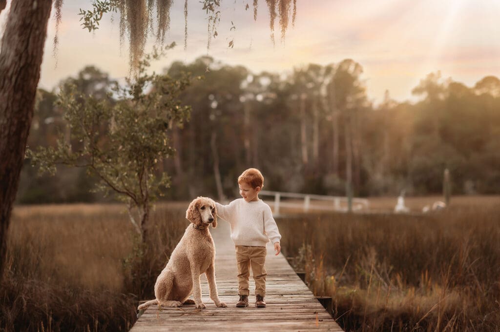 Little boy pets his dog during his family's Fall Mini Session in Charleston, SC. 